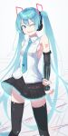  1girl ;d arms_behind_back black_legwear black_skirt black_sleeves blue_hair blue_nails blue_necktie breasts collared_shirt detached_sleeves dress_shirt floating_hair hakisou_(haki-sou) hatsune_miku hatsune_miku_(vocaloid4) headphones headset highres long_hair long_sleeves microphone miniskirt nail_polish necktie one_eye_closed open_mouth pleated_skirt shiny shiny_clothes shiny_hair shiny_legwear shirt skirt sleeveless sleeveless_shirt small_breasts smile solo standing thigh-highs very_long_hair vocaloid white_background white_shirt wing_collar zettai_ryouiki 