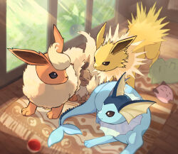  ball blanket closed_mouth commentary_request eevee flareon half-closed_eyes indoors jolteon kicochiya lying no_humans no_sclera oddish pokemon pokemon_(creature) pokemon_focus smile standing stuffed_toy substitute_(pokemon) sunlight vaporeon window 