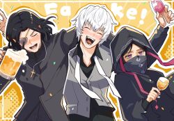  1girl 2boys a_a_namunamu beer_mug black_hair blush cloak closed_eyes cross cross_necklace cup drinking_glass drunk eyepatch fangs fate/strange_fake fate_(series) hansa_cervantes highres holding holding_cup hood hood_up jacket jester_karture jewelry latin_cross long_sleeves medium_hair mole mole_under_eye mouth_veil mug multiple_boys necklace no_name_assassin_(fate) open_mouth priest red_eyes shirt short_hair smile upper_body vampire veil white_hair wine_glass 