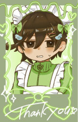  1boy alternate_costume amaka_la22 androgynous apron arms_at_sides border bow brown_eyes brown_hair clenched_teeth commentary_request crossdressing crossdressing_(mtf) double-parted_bangs english_text enmaided frilled_apron frills green_background green_border green_bow green_jacket hair_between_eyes hair_bow hair_ornament headdress heart highres jacket long_sleeves looking_at_viewer maid maid_apron maid_headdress male_focus mikhael_(omori) mole mole_under_eye no_sclera omori short_hair simple_background solo sweatdrop teeth turtleneck turtleneck_jacket upper_body white_apron white_headdress wing_hair_ornament x_hair_ornament 