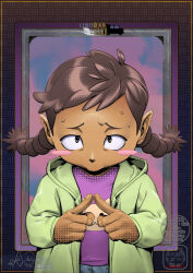  1girl blush_stickers braid brown_hair dark-skinned_female dark_skin drawga fingernails halfling highres hood hoodie legzi_shortstakk looking_at_viewer low_twin_braids pointy_ears shirt solo sweat t-shirt tmblyeet twin_braids upper_body 