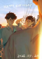  3boys bag brown_hair closed_mouth collared_shirt commentary_request dated drink_carton duffel_bag haikyuu!! happy_birthday highres holding holding_milk_carton iwaizumi_hajime looking_at_another male_focus milk_carton multiple_boys naspibon_ox oikawa_tooru_(haikyuu!!) power_lines shirt short_hair sky standing utility_pole 