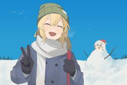  2girls absurdres blue_coat blue_sky brown_eyes coat commentary english_commentary girls_frontline green_hat hair_between_eyes hat highres long_hair multiple_girls myticalcat open_mouth scarf sky snowman sv-98_(girls'_frontline) svd_(girls'_frontline) white_hair white_scarf 