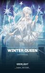  1girl artist_request blue_background blue_eyes crown dress earrings english_text facing_to_the_side full_body grimlight highres jewelry long_hair looking_at_viewer official_art pointing snowflakes solo stairwell very_long_hair white_hair winter_queen_(grimlight) 