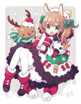 1girl :d animal_ears back_bow bangs beret blush boots bow braid brown_hair christmas dress fingerless_gloves fur_collar fur_trim gift gloves green_eyes hair_bow hat holding holding_gift knees_together_feet_apart knees_up koguma105 layered_sleeves long_hair looking_at_viewer open_mouth original patterned_legwear pom_pom_(clothes) reindeer santa_hat scarf short_sleeves smile solo star_(symbol) star_ornament twintails 