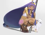  1girl 1other bangs dark-skinned_female dark_skin eyebrows_behind_hair fate/grand_order fate/prototype fate_(series) holding holding_staff lempika long_hair looking_at_viewer medjed_(fate) nitocris_(fate) pointy_ears ponytail purple_hair squatting staff toes violet_eyes 