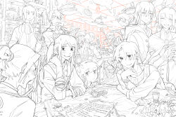  6+boys 6+girls absurdly_detailed_composition ahoge ascot cafe commentary_request cup dress employee_(project_moon) folded_ponytail food fruit greyscale hairband highres indoors lobotomy_corporation long_hair monochrome multiple_boys multiple_girls nugget_(project_moon) original paper project_moon shelf short_hair stairs star-shaped_pupils star_(symbol) symbol-shaped_pupils wei_qie_zaisheng 