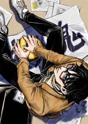  1boy akaashi_keiji ball black-framed_eyewear black_pants brown_jacket closed_mouth commentary_request from_above full_body glasses haikyuu!! highres id_card jacket korean_commentary lips looking_at_viewer male_focus nose on_floor pants raemonjam01 shoes short_hair sitting solo sweater sweater_under_jacket translation_request volleyball_(object) 