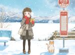  1girl bag bangs bare_tree bench blunt_bangs blush book braid brown_eyes brown_hair bus_stop cat coat fence footprints hands_up holding holding_book loafers long_hair looking_to_the_side mittens mountain original pantyhose plant pleated_skirt reading scarf shoes shoulder_bag skirt smile snow snowing solo tokoyu tree twin_braids very_long_hair winter_clothes 