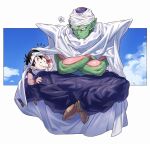  2boys black_eyes black_hair cape child colored_skin commentary_request crossed_arms dougi dragon_ball floating green_skin highres looking_at_another masanaga_(tsukasa) multiple_boys notice_lines open_mouth piccolo pointy_ears son_gohan spoken_sweatdrop sweatdrop turban white_cape wristband younger 