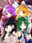  4girls ;d animal_ears arm_support bangs bare_shoulders black_hair black_headwear blonde_hair blunt_bangs bow brown_eyes collared_shirt commentary detached_sleeves double_v frilled_bow frilled_hat frills frog_hair_ornament gohei green_eyes green_hair grin hair_bow hair_ornament hair_tubes hakurei_reimu hand_on_own_cheek hand_on_own_face hat hat_bow highres holding_gohei kirisame_marisa kochiya_sanae long_hair looking_at_viewer multiple_girls nikorashi-ka one_eye_closed open_mouth pout purple_hair rabbit_ears rabbit_girl red_bow red_eyes reisen_udongein_inaba ribbon-trimmed_sleeves ribbon_trim shirt sleeveless sleeveless_shirt smile touhou v white_bow white_shirt wide_sleeves witch_hat yellow_eyes 