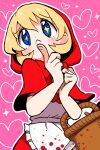  1girl :&lt; apron blonde_hair blood blood_stain blue_eyes bulleta capelet commentary dokan_(dkn) finger_to_mouth heart heart_print picnic_basket pink_background red_capelet red_hood simple_background solo symbol-shaped_pupils upper_body vampire_(game) white_apron 