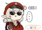  ... 1girl :d ahoge backpack bag bangs brown_gloves cabbie_hat chibi commentary_request dress gameplay_mechanics genshin_impact gloves grey_hair hair_between_eyes hat klee_(genshin_impact) long_hair long_sleeves low_twintails nyaru_(nyaru_4126) pointy_ears red_dress red_headwear simple_background smile solo spoken_ellipsis sunglasses sweat twintails upper_body v-shaped_eyebrows white_background 