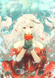  1girl absurdres angelfish aqua_gloves arknights ascot bare_shoulders black_ascot breasts bubble character_name clothing_cutout commentary_request detached_sleeves dress fish floating_hair food fruit gloves hair_between_eyes hair_ribbon highres holding holding_food holding_fruit light_smile long_hair long_sleeves looking_at_viewer medium_breasts navel_cutout off-shoulder_dress off_shoulder official_alternate_costume red_dress red_eyes red_sleeves ribbon skadi_(arknights) skadi_the_corrupting_heart_(arknights) solo tropical_fish tsunehako underwater upper_body very_long_hair water white_hair 