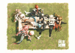  6+girls absurdres angelina_(arknights) animal_ears ardelia_(arknights) arknights arknights:_endfield bird bird_ears bird_girl black_hair black_pantyhose brown_hair chen_qianyu_(arknights) commentary copyright_logo couch demon_girl demon_horns dragon_girl dragon_horns dragon_tail drill_hair eastern_dragon_horns eastern_dragon_tail endministrator_(arknights) eyjafjalla_(arknights) female_endministrator_(arknights) fox_ears fox_girl from_above gilberta_(arknights) highres horns laevatain_(arknights) logo long_hair low_ponytail low_twintails lying meadow mimaki_pv multiple_girls pantyhose perlica_(arknights) pink_hair ponytail red_hair sheep_girl sheep_horns short_hair side_ponytail surtr_(arknights) tail twin_drills twintails white_hair yvonne_(arknights) 