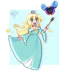  aqua_dress bare_shoulders blonde_hair breasts brooch commentary cosmog cosplay crown dress earrings english_commentary green_eyes highres holding holding_wand jewelry large_breasts lillie_(pokemon) long_hair off-shoulder_dress off_shoulder pikarina pokemon pokemon_(creature) rosalina rosalina_(cosplay) silver_crown smile star_(symbol) star_brooch star_earrings star_wand super_mario_bros. the_super_mario_galaxy_movie wand 