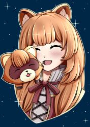  1girl :d ^_^ absurdres animal_ear_fluff animal_ears animal_on_shoulder black_dress blibsart blunt_bangs blush brown_hair closed_eyes collared_dress commentary cropped_torso dress english_commentary facing_animal gold_trim high_collar highres layered_dress long_hair neck_ribbon open_collar open_mouth outline pinstripe_dress pinstripe_pattern portrait raccoon_ears raccoon_girl raph-chan raphtalia red_dress red_ribbon ribbon sky smile solo sparkle star_(sky) starry_sky straight_hair tanuki tate_no_yuusha_no_nariagari two-tone_dress white_dress white_outline 
