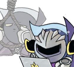  armor cape commentary_request computer gloves kirby_(series) laptop mask meme meta_knight no_humans noose pauldrons purple_cape shoulder_armor simple_background solo white_background white_gloves yanzhuwazi zoom_layer 