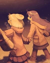  2girls artist_name bag black_hair blonde_hair blue_eyes blush boots breath closed_eyes coat cold commentary duffel_coat egg egg_hair_ornament english_commentary food food-themed_hair_ornament food_on_head fried_egg glasses gloves grocery_bag hair_ornament highres holding_hands hood kurohanenone looking_at_another multiple_girls mushroom mushroom_hair_ornament mushroom_on_head night object_on_head open_mouth orange_theme outdoors pleated_skirt red-framed_eyewear scarf shiitake shimeji_simulation shopping_bag skirt snow snowing tsukishima_shijima yamashita_majime 