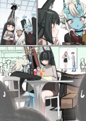  1boy 3girls 3others absurdres animal_ears black_hair blush closed_mouth dondobi eating fox_ears fox_girl highres hoshimi_miyabi long_hair multiple_girls multiple_others pink_hair red_eyes shirt short_hair sitting soukaku_(zenless_zone_zero) tsukishiro_yanagi white_hair white_shirt zenless_zone_zero 