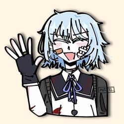  :d ^_^ alternate_hair_length alternate_hairstyle arm_at_side assault_lily bandaid bandaid_on_cheek bandaid_on_face black_cardigan black_gloves blood blood_on_arm blood_on_clothes blue_hair brown_background cardigan closed_eyes collared_shirt commentary_request cropped_arms cropped_torso facing_viewer fang fingerless_gloves gauze gauze_on_cheek gloves hand_up jewelry mayu_(yu_e1602) mori_tatsuki neck_ribbon open_cardigan open_clothes open_hand open_mouth purple_ribbon ribbon ring school_uniform shirt short_hair short_sleeves simple_background skin_fang smile upper_body v-shaped_eyebrows white_shirt yurigaoka_girls_academy_school_uniform 
