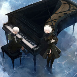  1boy 1girl 2b_(nier:automata) 9s_(nier:automata) bag black_gloves black_hairband black_thighhighs boots cleavage_cutout closed_eyes clothing_cutout feather-trimmed_sleeves feather_trim from_above gloves grand_piano hairband highres instrument juliet_sleeves long_sleeves mitsuki_nite mole mole_under_mouth music nier:automata nier_(series) no_blindfold piano playing_instrument playing_piano puffy_sleeves satchel short_hair standing thigh-highs thighhighs_under_boots twitter_username water white_hair wooden_floor 
