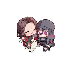  2girls baseball_cap bike_shorts black_bodystocking black_cloak black_gloves black_hair black_hat black_shirt black_shoes blush breasts brown_hair chibi chibi_only claymore_(mine) cloak closed_eyes closed_mouth collared_shirt commentary elbow_gloves elysion_harper_(nikke) explosive full_body gloves goddess_of_victory:_nikke gradient_hair grin hair_between_eyes half-siblings hat highres hood hood_down hooded_cloak ingrid_(nikke) jacket knee_pads large_breasts long_hair long_sleeves mine_(weapon) multicolored_cloak multicolored_hair multiple_girls necktie pants parted_bangs pink_cloak purple_hair red_necktie ribbed_shirt shadow shirt shoes siblings sidelocks simple_background single_knee_pad sisters smile teeth two-tone_hair uz_(uzru0428) violet_eyes walking white_background white_gloves white_jacket white_pants 