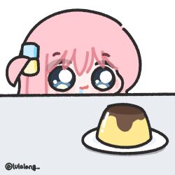  1girl :3 blue_eyes bocchi_the_rock! chibi chibi_only closed_mouth commentary cube_hair_ornament drooling food gotoh_hitori hair_ornament highres hungry long_hair looking_at_food looking_at_viewer lulalang one_side_up pink_hair plate pudding simple_background solo twitter_username untranslatable_commentary white_background 