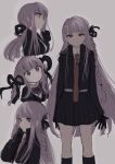  1girl 5_106y absurdres bangs black_gloves black_jacket black_ribbon braid brown_necktie child collared_shirt commentary_request danganronpa:_trigger_happy_havoc danganronpa_(series) danganronpa_3_(anime) danganronpa_kirigiri gloves grey_background hair_ribbon highres jacket kirigiri_kyouko kneehighs long_hair long_sleeves multiple_views necktie official_alternate_hairstyle open_clothes open_jacket ponytail purple_hair revision ribbon shirt simple_background skirt smile twin_braids twintails violet_eyes 