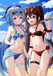  2girls beach blue_hair blue_sky blush brown_hair clouds drink flower genshin_impact goat_horns holding holding_hands looking_at_viewer navel ponytail purple_eyes red_eyes shovel smile stomach sunglasses swimsuit thighs very_long_hair vision_(genshin_impact) 
