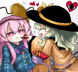  2girls black_hat blue_shirt blush bow bowtie box box_of_chocolates candy chocolate closed_eyes collared_shirt commentary_request eating eyeball feeding flying_sweatdrops food food_on_face frilled_sleeves frills gradient_background green_hair grey_background hat hat_bow hata_no_kokoro heart heart-shaped_chocolate heart-shaped_food heripantomorrow komeiji_koishi long_sleeves mask mask_on_head multiple_girls open_mouth pink_eyes pink_hair plaid_clothes plaid_shirt purple_bow purple_bowtie shirt smile sweatdrop third_eye touhou valentine wide_sleeves yellow_bow yellow_shirt yuri 