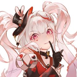  1girl artist_name black_choker black_hat braid braided_sidelock breasts chinese_commentary choker clothing_cutout club_(shape) collar commentary_request diamond-shaped_pupils diamond_(shape) facial_mark finger_to_mouth frilled_collar frills gloves grey_hair grin hair_between_eyes hat hat_ornament heart highres honkai:_star_rail honkai_(series) long_hair looking_at_viewer meishier multicolored_hair open_mouth pink_eyes poker profile rabbit_ear_headwear rabbit_hat_ornament red_eyes red_hair red_shirt shirt shoulder_cutout shushing signature simple_background single_glove smile solo spade_(shape) sparkle_(honkai:_star_rail) sparxie_(honkai:_star_rail) streaked_hair symbol-shaped_pupils teeth twintails upper_body very_long_hair white_background white_hair 