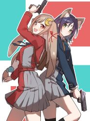  2girls :d animal_ear_fluff animal_ears aqua_background arm_up backpack bag belt black_socks blue_belt blue_dress blue_ribbon blush breasts brown_eyes brown_hair cho_kaguya-hime! closed_mouth commentary_request cosplay cowboy_shot crescent crescent_hair_ornament dress fang finger_on_trigger forehead_jewel fox_ears green_eyes grey_dress gun hair_ornament hair_ribbon hand_up handgun highres holding holding_gun holding_weapon houji_tea_latte inoue_takina inoue_takina_(cosplay) kaguya_(cho_kaguya-hime!) kneehighs long_hair long_sleeves looking_at_viewer looking_to_the_side lop_rabbit_ears lycoris_recoil lycoris_uniform medium_breasts medium_hair multiple_girls neck_ribbon nishikigi_chisato nishikigi_chisato_(cosplay) open_mouth outline pleated_dress purple_hair rabbit_ears red_background red_belt red_dress red_ribbon ribbon sakayori_iroha smile socks standing standing_on_one_leg teeth two-tone_background two-tone_dress upper_teeth_only v-shaped_eyebrows very_long_hair weapon white_background white_outline 