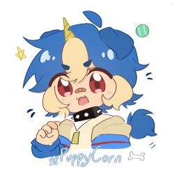  1boy :3 :d animal_ears ball bandaid bandaid_on_face bandaid_on_nose black_choker blonde_hair blue_hair blue_jacket blue_tail bone character_name chinese_commentary choker commentary_request cropped_shoulders dog_boy dog_ears dog_tail double-parted_bangs emoqiao eyes_visible_through_hair fang fewer_digits freckles hair_between_eyes hand_up hood hood_down hooded_jacket horns jacket long_sleeves looking_down male_focus multicolored_hair no_sclera open_clothes open_jacket open_mouth paw_pose personification prince_puppycorn puffy_long_sleeves puffy_sleeves red_eyes shirt short_hair sidelocks simple_background single_horn smile solo spiked_choker spikes star_(symbol) streaked_hair tail tareme tennis_ball tongue two-tone_hair unicorn_horn unikitty!_(series) v-shaped_eyebrows very_big_eyes white_background yellow_hood yellow_horns yellow_shirt 
