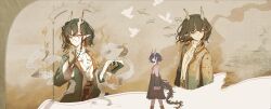  1girl absurdres arknights bird black_hair blue_eyes book calligraphy_brush chinese_clothes chinese_text commentary dragon_girl dragon_horns dragon_tail earrings english_text glasses highres holding holding_book holding_calligraphy_brush holding_paintbrush horns jewelry jie_(arknights) kaera looking_at_viewer multiple_girls paintbrush paper_background pointy_ears robe semi-rimless_eyewear shirt short_hair tail tassel tassel_earrings walking 