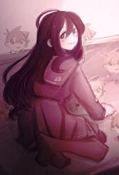  1girl :> alternate_costume arm_support artist_name black_eyes black_hair blush character_doll closed_mouth commentary doll double-parted_bangs english_commentary hair_between_eyes hero_(faraway)_(omori) hero_(omori) highres korogunso8 long_hair looking_at_viewer mari_(faraway)_(omori) mari_(omori) omori pleated_skirt school_uniform sitting skirt smile socks solo stuffed_toy twitter_username 