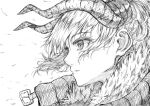  1girl absurdres aochoku curled_horns eyelashes face fur_trim greyscale hatching_(texture) highres horns long_eyelashes monochrome original parted_lips profile short_hair sketch solo upper_body wind 