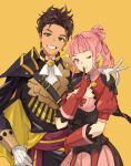  1boy 1girl alternate_hairstyle bangs cape claude_von_riegan closed_mouth dark-skinned_male dark_skin fire_emblem fire_emblem:_three_houses fire_emblem_warriors:_three_hopes gloves green_eyes hair_bun hand_on_another&#039;s_shoulder highres hilda_valentine_goneril long_hair long_sleeves looking_at_viewer official_alternate_costume official_alternate_hairstyle one_eye_closed pink_eyes pink_hair simple_background smile white_gloves yachimata_1205 