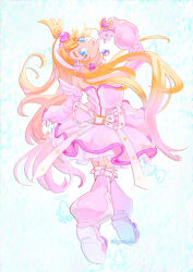  1girl arm_up artist_name bare_shoulders belt belt_buckle blue_eyes boots borrowed_character brooch buckle choker colored_eyelashes commentary curly_hair cyber_fashion dress earrings elbow_gloves english_commentary frilled_boots frills from_behind full_body gloves gold_choker hair_ornament hairband hairclip hand_on_own_chin head_back heart heart_earrings heart_hair_ornament highres index_finger_raised indie_virtual_youtuber jewelry layered_dress long_belt long_hair looking_at_viewer looking_back magical_girl marikyuunn_(cyber_cupid)_(vtuber) marikyuunn_(vtuber) medium_dress off-shoulder_dress off_shoulder official_alternate_costume one_side_up orange_hair parted_lips pink_boots pink_dress pink_gloves pleated_dress raised_eyebrows red_trim retrofuturism shigureeeh shoe_soles smile solo strapless strapless_dress thick_eyebrows thigh_boots very_long_hair virtual_youtuber wavy_hair white_background white_belt white_hairband 