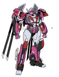  1girl arcee arcee_magnus autobot blue_eyes character_request commentary english_commentary helmet humanoid_robot insignia kairito10 looking_at_viewer mecha metal_skin pink_lips robot robot_girl science_fiction solo thighs transformers transformers_(skybound) white_background 