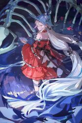  1girl absurdres angelfish animal_skeleton aqua_hat arknights bare_shoulders black_bow black_ribbon bow choker commentary detached_sleeves dress facing_away fish fish_skeleton full_body grey_hair hair_between_eyes hair_ribbon hat highres holding holding_seashell leg_ribbon long_hair long_sleeves looking_at_viewer looking_back low-tied_long_hair off-shoulder_dress off_shoulder official_alternate_costume poxiao_buff profile red_bow red_choker red_dress red_eyes red_sleeves ribbon scenery seashell shell skadi_(arknights) skadi_the_corrupting_heart_(arknights) skeleton solo standing strap tropical_fish very_long_hair wading water 