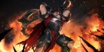  1boy armor axe black_hair breastplate cape darius_(league_of_legends) destruction fighting_stance fire green_eyes highres league_of_legends leg_armor legends_of_runeterra loincloth looking_down male_focus manly mature_male muscular muscular_male night night_sky official_art outdoors sixmorevodka sky solo spiked_armor spikes spiky_hair teeth thick_arms torn_clothes weapon 