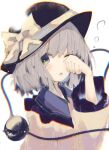  1girl :o bangs black_headwear blouse bow bright_pupils covering_one_eye expressionless eyeball frilled_shirt_collar frilled_sleeves frills grey_eyes grey_hair hand_on_own_face hat hat_bow hat_ribbon highres komeiji_koishi liangming_toho long_sleeves looking_to_the_side medium_hair one_eye_closed open_mouth ribbon shirt solo third_eye touhou upper_body wavy_hair white_background wide_sleeves yellow_bow yellow_ribbon yellow_shirt 