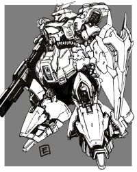  absurdres beam_cannon beam_rifle cable char's_counterattack commentary_request energy_gun greyscale gundam highres mecha mecha_focus mobile_suit monochrome moyan neo_zeon no_humans original redesign robot sazabi scan science_fiction shield signature traditional_media unfinished weapon western_comics_(style) 