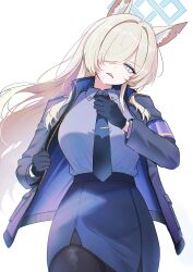  1girl absurdres adjusting_clothes adjusting_necktie animal_ear_fluff animal_ears armband black_gloves black_necktie black_pantyhose blonde_hair blue_archive blue_eyes blue_halo blue_jacket blue_skirt breasts commentary cowboy_shot dog_ears dog_girl gloves hair_over_one_eye halo head_tilt highres himmel_gewalt jacket kanna_(blue_archive) large_breasts long_hair long_sleeves looking_at_viewer necktie notched_ear pantyhose parted_lips pencil_skirt purple_armband sharp_teeth skirt solo teeth tented_shirt white_background 