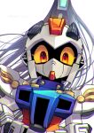  black_hair bushimaru colored_sclera floating_hair gundam kinako_(karasu_nomaru) looking_at_viewer mecha no_humans orange_eyes ponytail robot sd_gundam sd_gundam_musha_maruden solo upper_body white_background wide-eyed yellow_sclera 