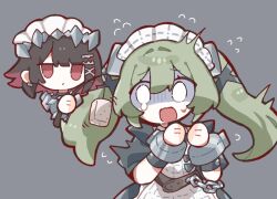  2girls black_dress black_hair chain colored_inner_hair commentary_request corin_wickes dress ellen_joe flying_sweatdrops green_hair grey_background hair_between_eyes hairband long_hair maid_headdress metal_hairband metal_wrist_cuffs motion_lines multicolored_hair multiple_girls pachikuri_(udon_zaru) razor_blade_hair_ornament red_eyes shark_girl short_hair simple_background spiked_headband zenless_zone_zero 