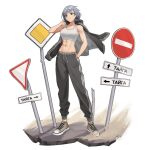  1girl abs absurdres breasts concrete dust_cloud grey_eyes highres jacket jacket_over_shoulder jacket_removed original raised_eyebrows reiji-rj road_sign russian_text short_hair sign stopwatch_around_neck tank_top toned translation_request white_background white_hair 
