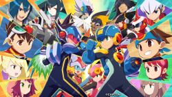  6+boys 6+girls arm_cannon bass.exe_(mega_man) battle black_helmet blue-tinted_eyewear blue_bodysuit blue_headband blue_helmet bodysuit brown_eyes brown_hair character_request colonel.exe_(mega_man) forehead_jewel geo_stelar_(mega_man) green_eyes harp_note_(mega_man) headband helmet in-franchise_crossover iris.exe_(mega_man) long_hair luna_platz_(mega_man) mayl_sakurai_(mega_man) mega_man_(series) mega_man_star_force_(series) megaman.exe mizuno_keisuke multicolored_hair multiple_boys multiple_girls official_art protoman.exe red-tinted_eyewear red_eyes red_hair red_helmet roll.exe_(mega_man) sample_watermark short_hair solo_(mega_man) sonia_strumm_(mega_man) star_force_mega_man tinted_eyewear two-tone_hair watermark weapon white_hair 