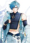  1boy age_progression bare_shoulders blue_eyes blue_hair chinese_clothes chongyun_(genshin_impact) commentary earrings genshin_impact hair_between_eyes highres jacket jewelry looking_at_viewer male_focus midriff midriff_peek navel shivaille short_hair simple_background single_earring solo tassel tassel_earrings 